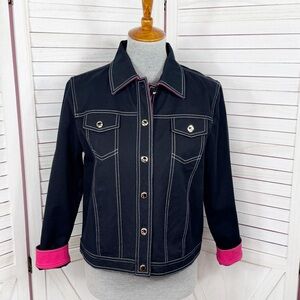 Vntg St. John Sport Contrast Stitch Button Front Denim Jacket Black Pink Small
